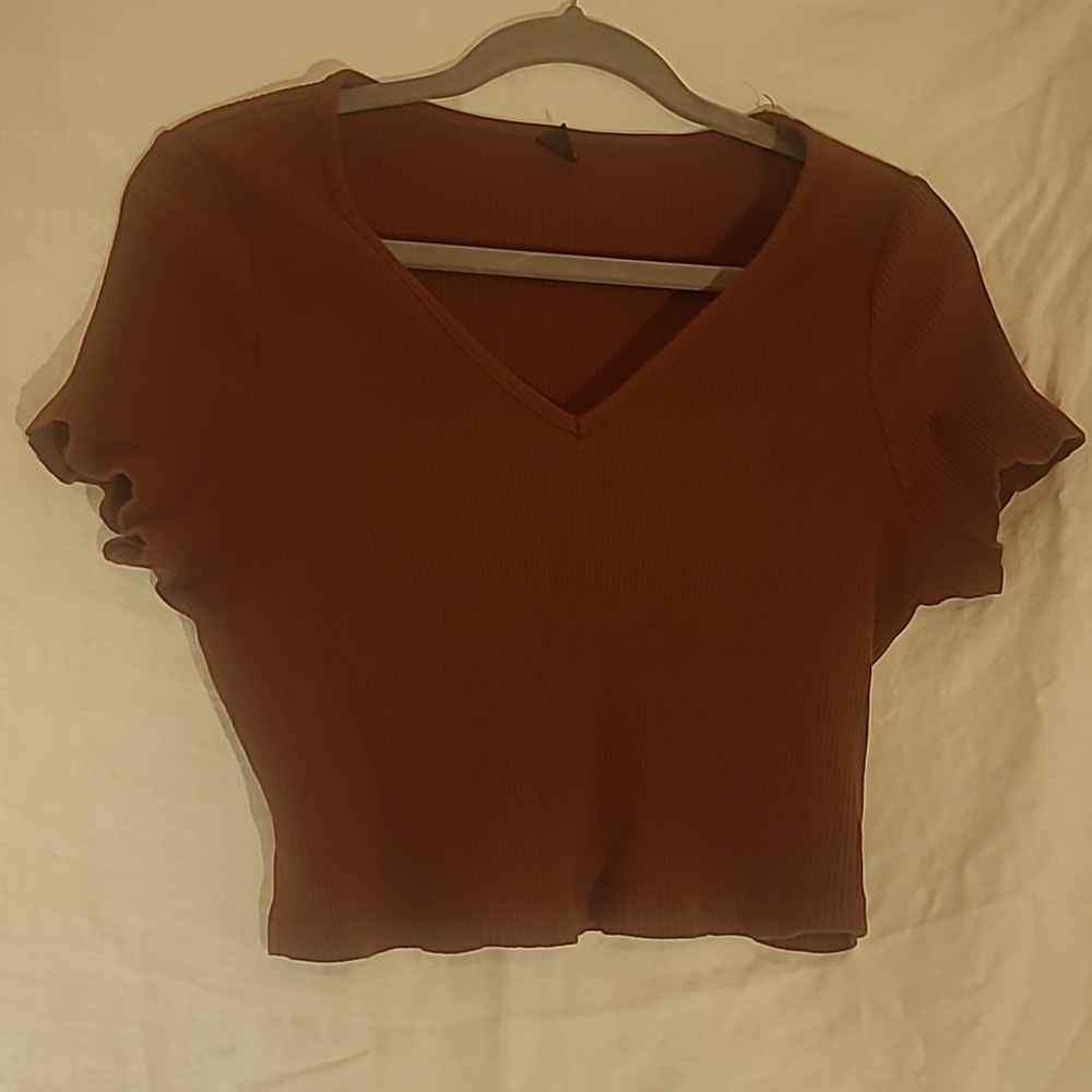 SHEIN Ribbed V‑Neck Cropped Top - Brown